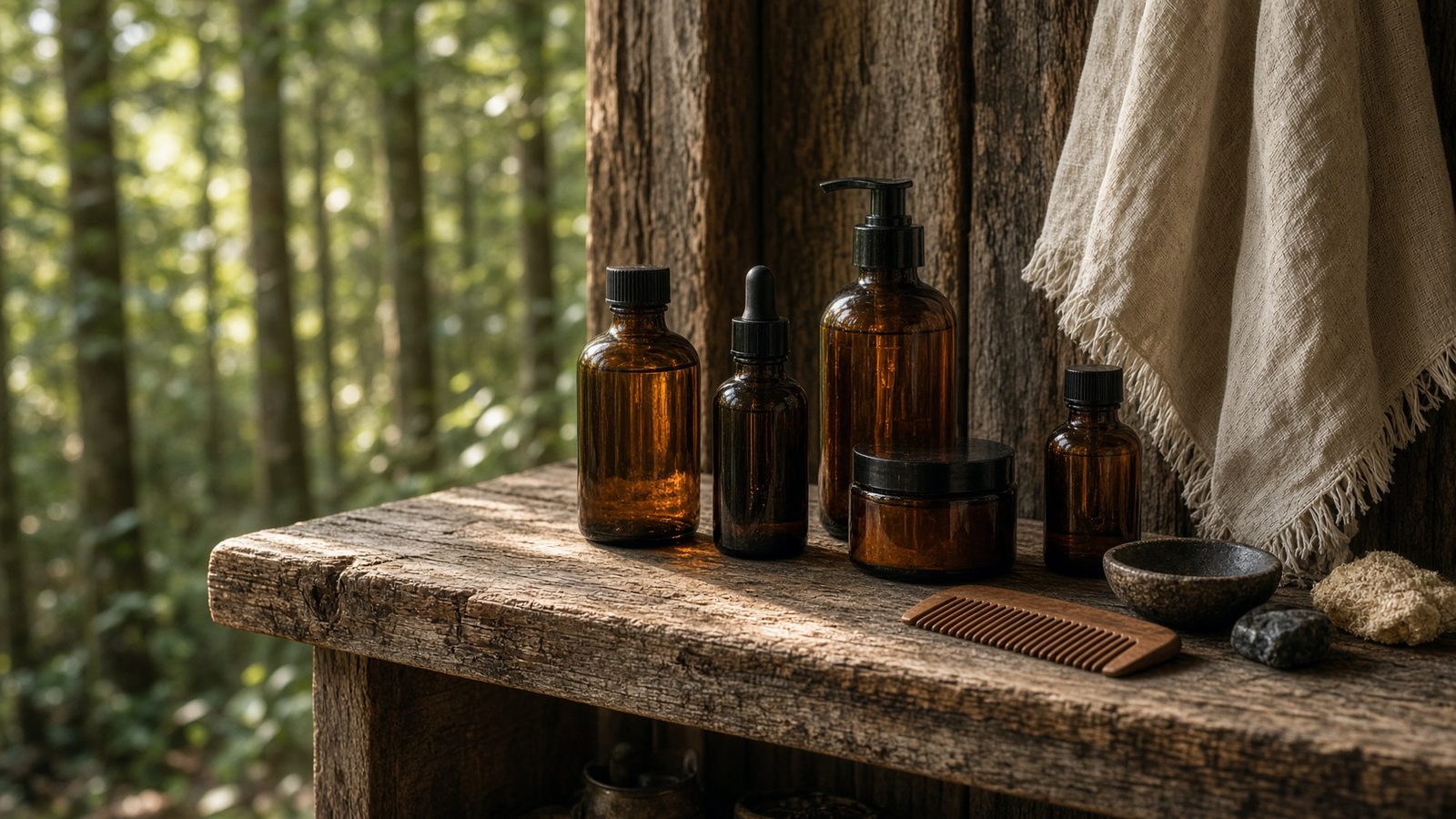 Amber bottles and a wooden comb on a morning shelf
